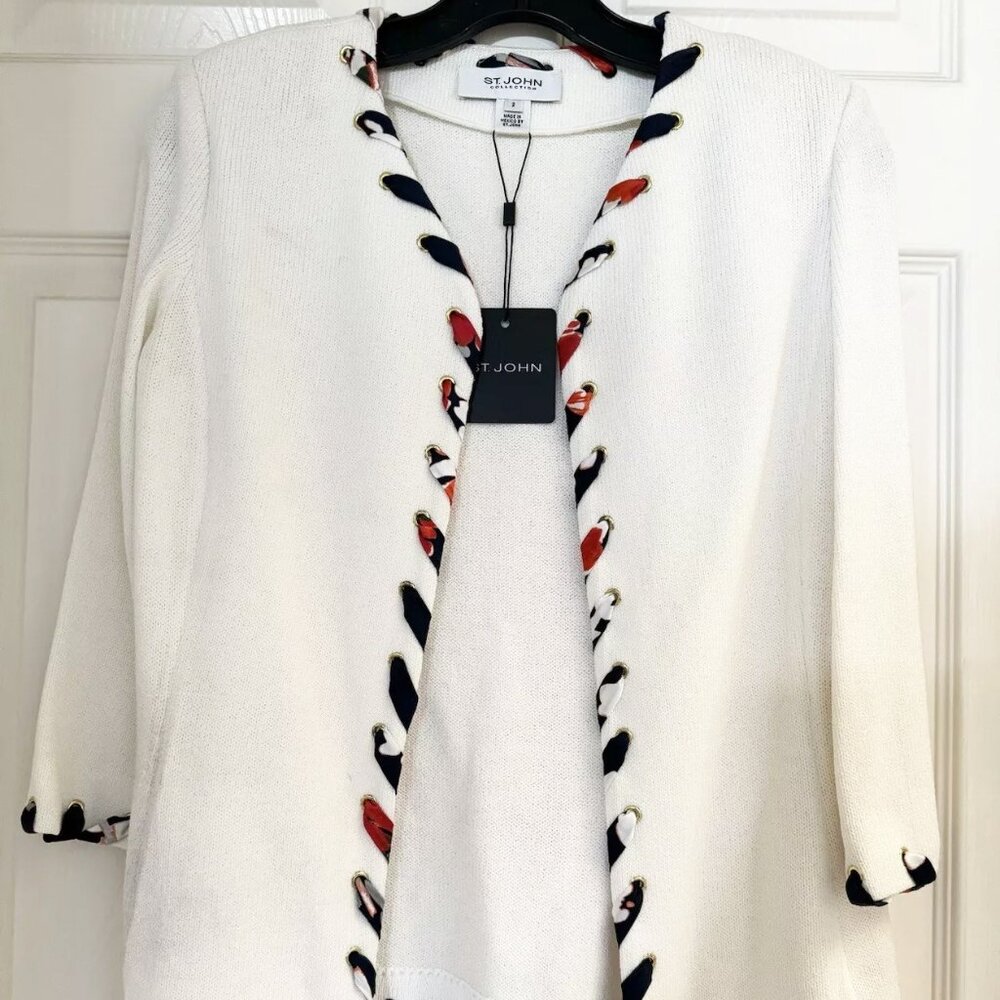 NWT $1395 St. John Santana Knit White Lace Trimmed Sweater Blazer Cardigan Sz 2